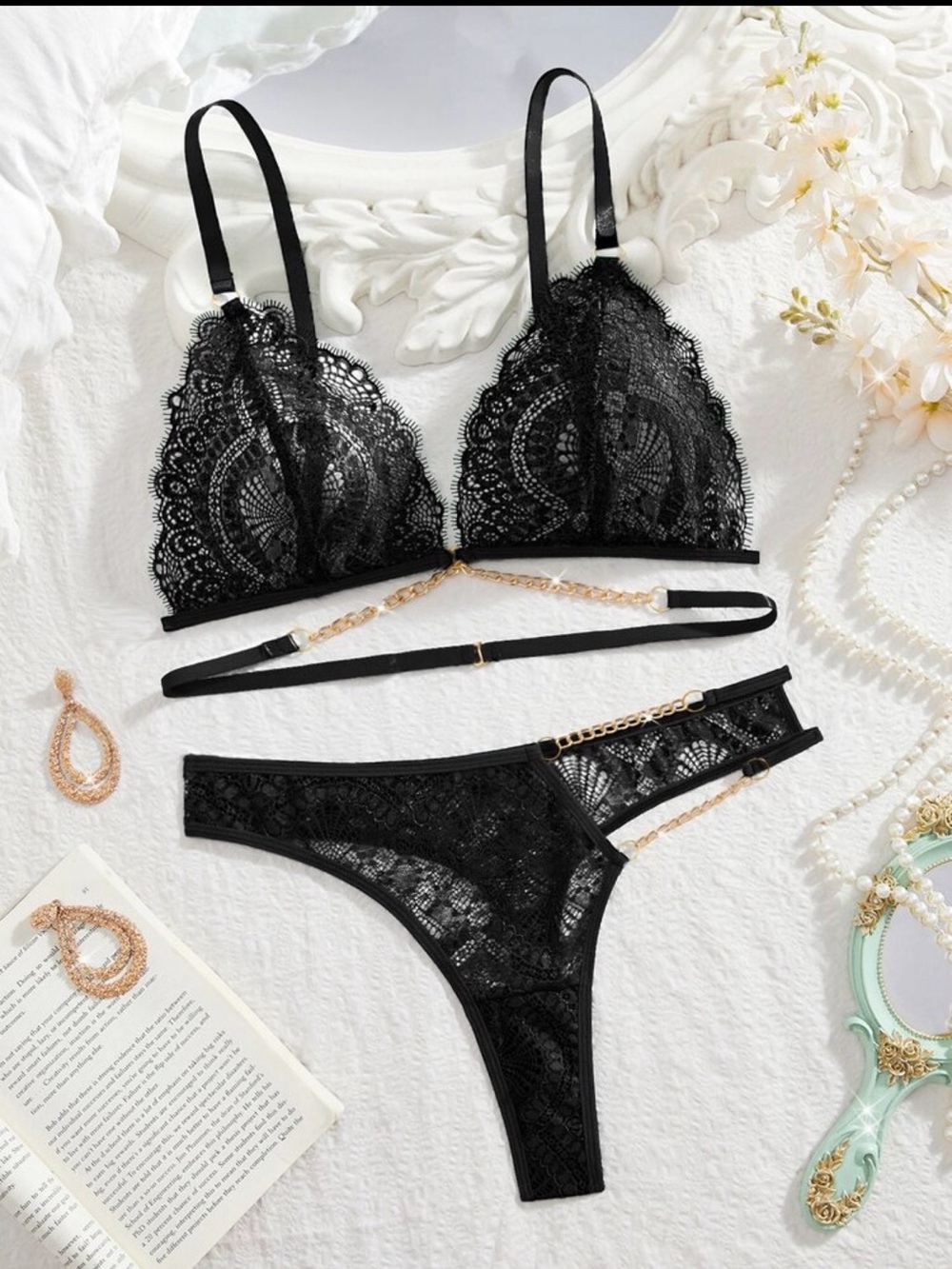Black Lace Triangle Bralette with Chain-Detail Thong